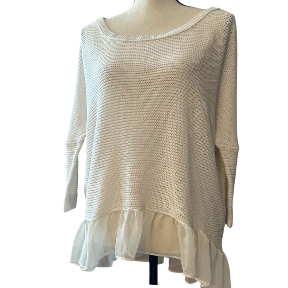American Eagle Outfitters Cream Knit Sweater Top with Chiffon Ruffle Hem, Size M